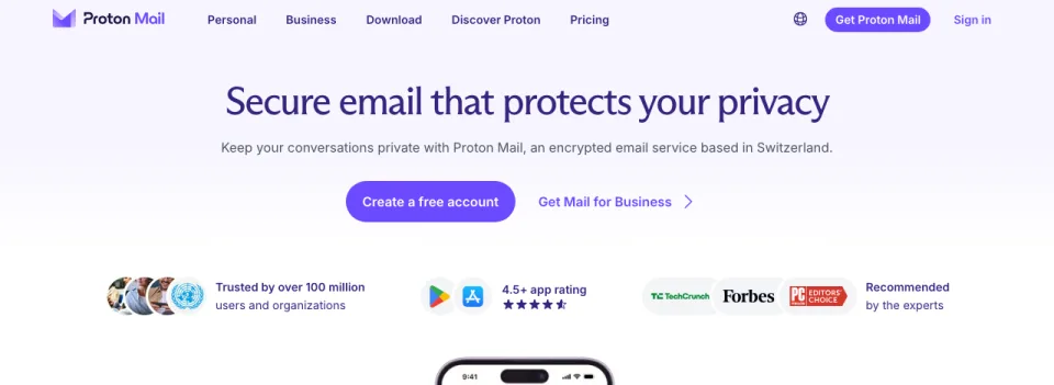 Top of the Proton Mail home page