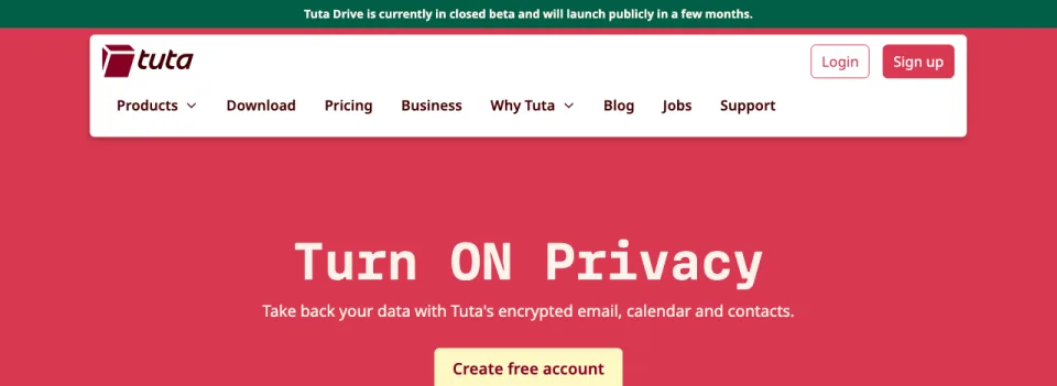 Top of the Tuta home page